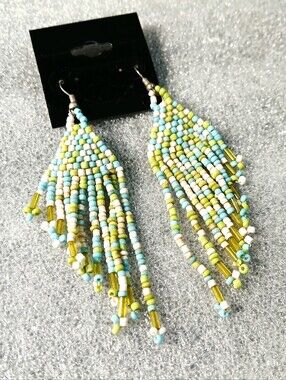 Handmade Beaded Fringe Earrings in Lime Green and Aqua